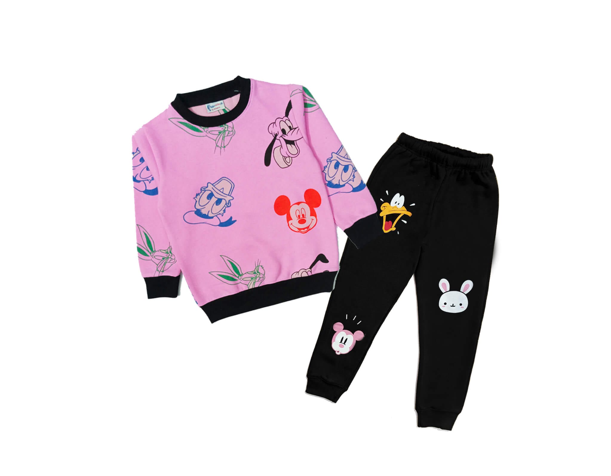 Mickey With Snoopy &amp; Bunny Fleece Tracksuit - Pink &amp; Black