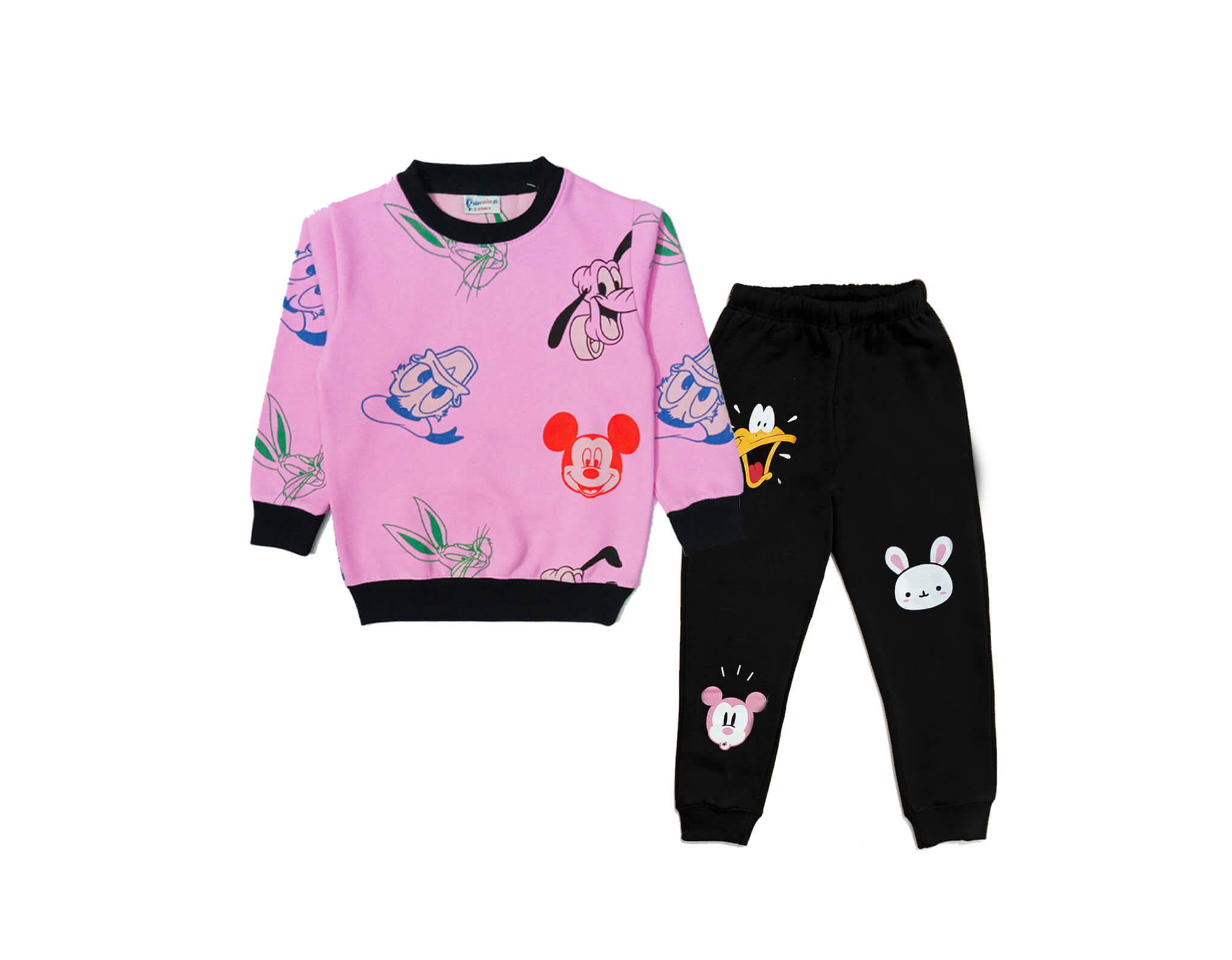 Mickey With Snoopy &amp; Bunny Fleece Tracksuit - Pink &amp; Black