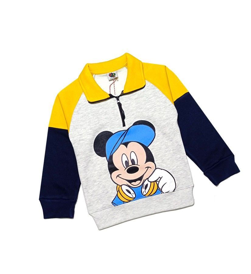 Mickey Raglan Sleeve Contrast Pennal Mock Neck Fleece Sweatshirt - Yellow Grey Navy-1