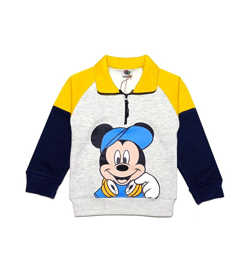 Mickey Raglan Sleeve Contrast Pennal Mock Neck Fleece Sweatshirt - Yellow Grey Navy