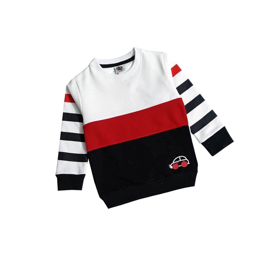 Mini Car Stripper Sleeves Penal Fleece Sweatshirt - White Red &amp; Black