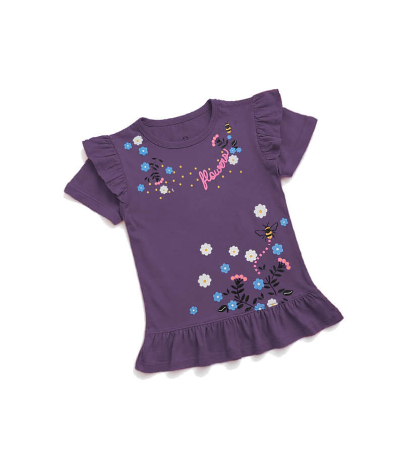 Mini Flowers &amp; Bee Tee Shirt- Dark Purple