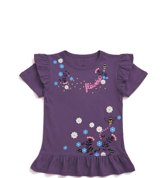 Mini Flowers &amp; Bee Tee Shirt- Dark Purple