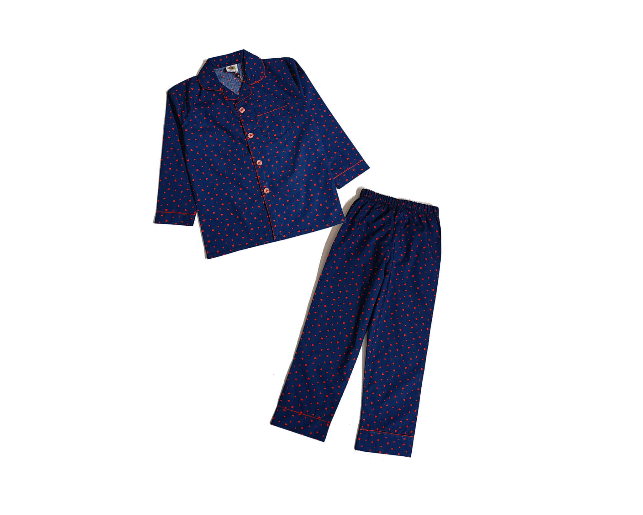 Mini Hearts Rain Full Sleeves Night Suit -Navy Blue