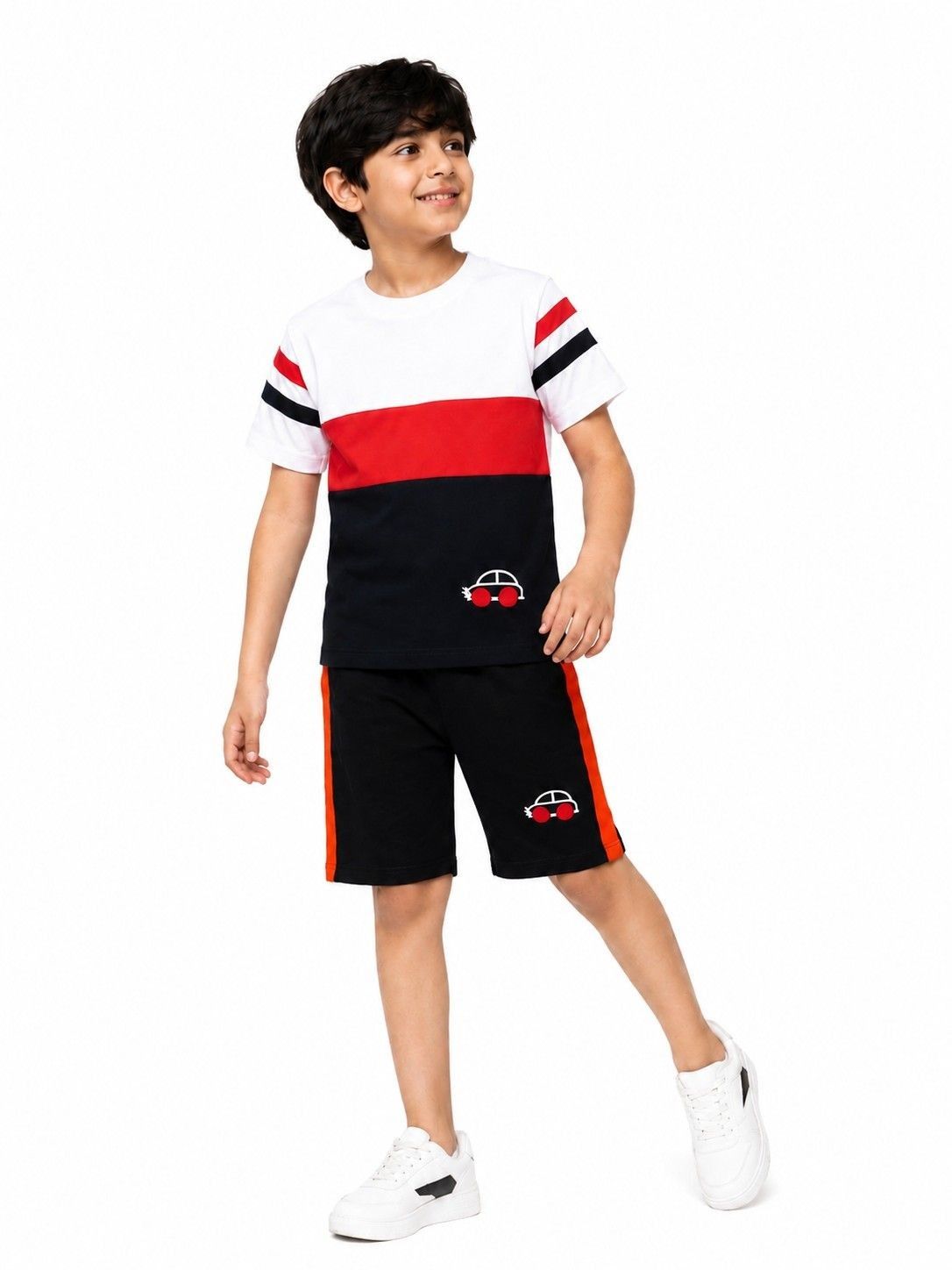 Mini Car 3 penel Tee & Shorts - White red & Back