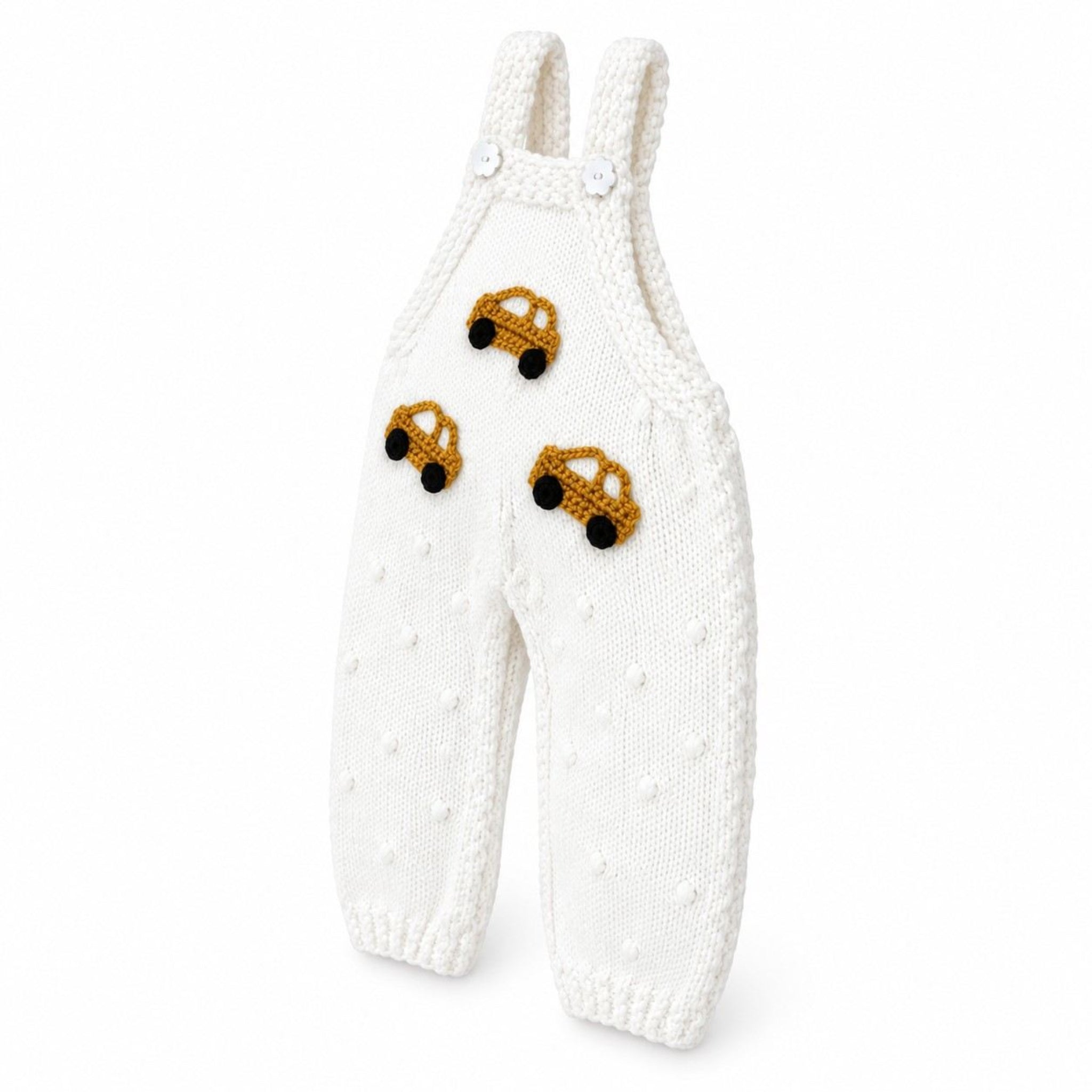 Mini Car Cute Baby Hand Made Wool Dungarees Romper - White