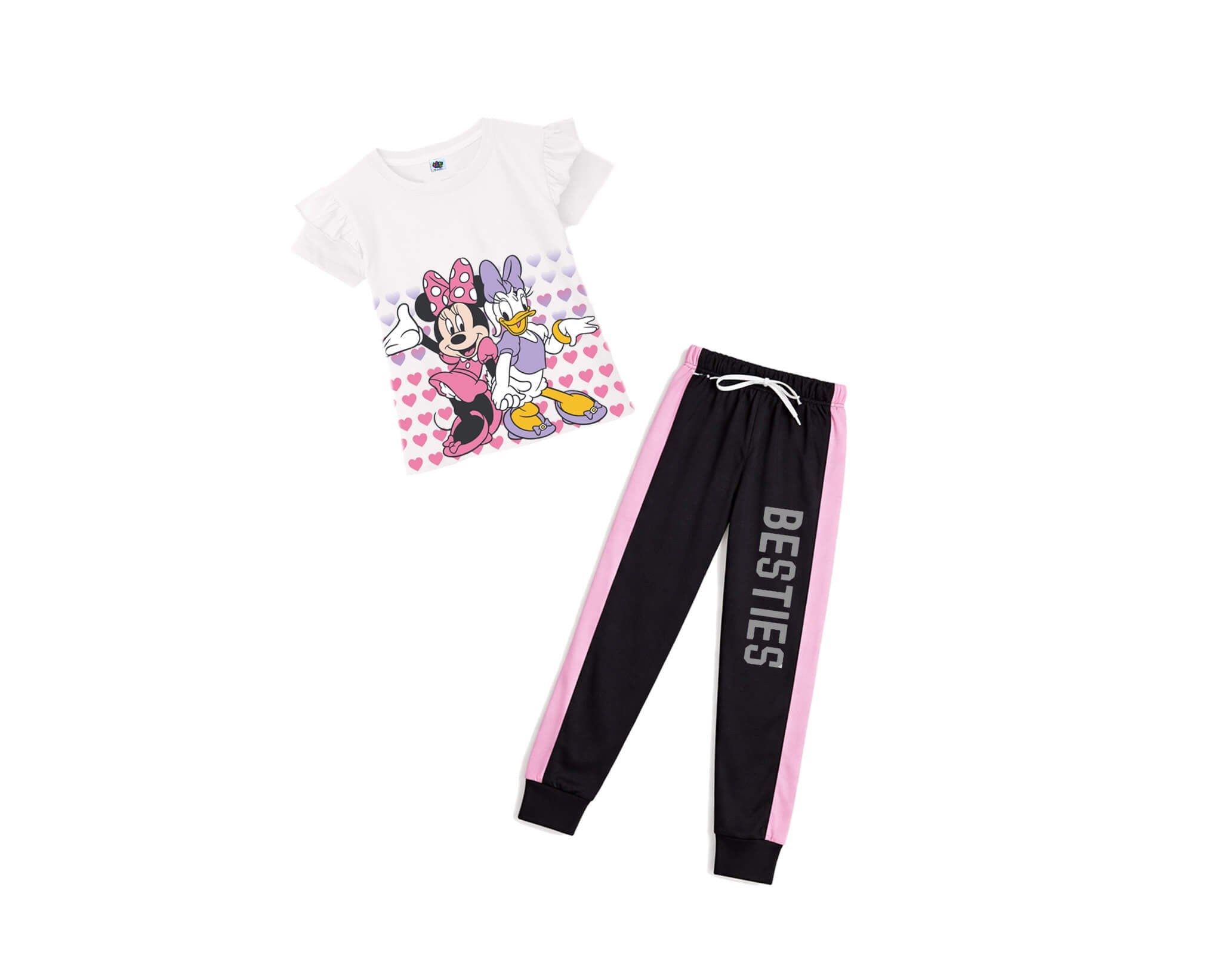 Minnie &amp; Duck Pink Penal Tee &amp; Trouser - White &amp; Black