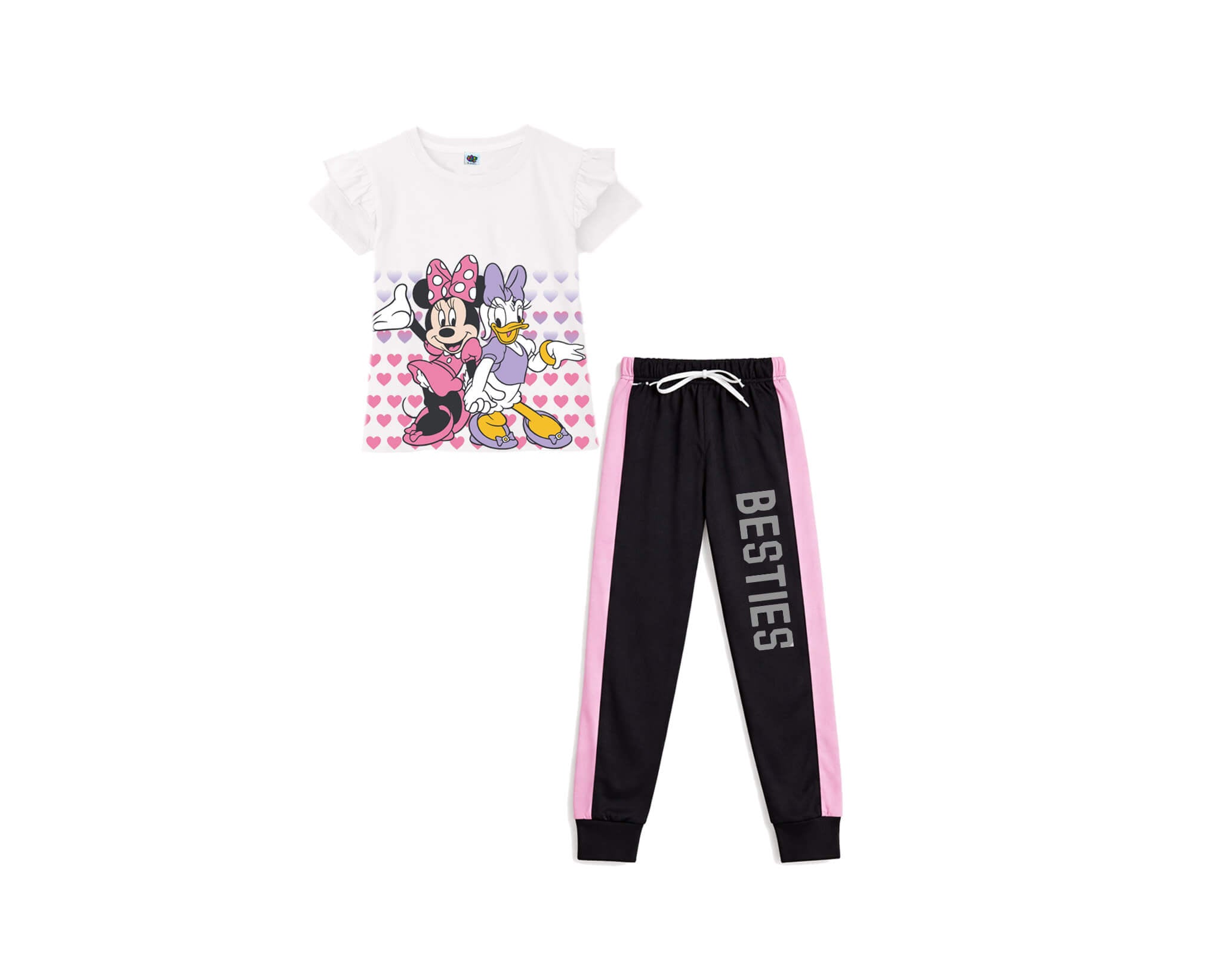 Minnie &amp; Duck Pink Penal Tee &amp; Trouser - White &amp; Black