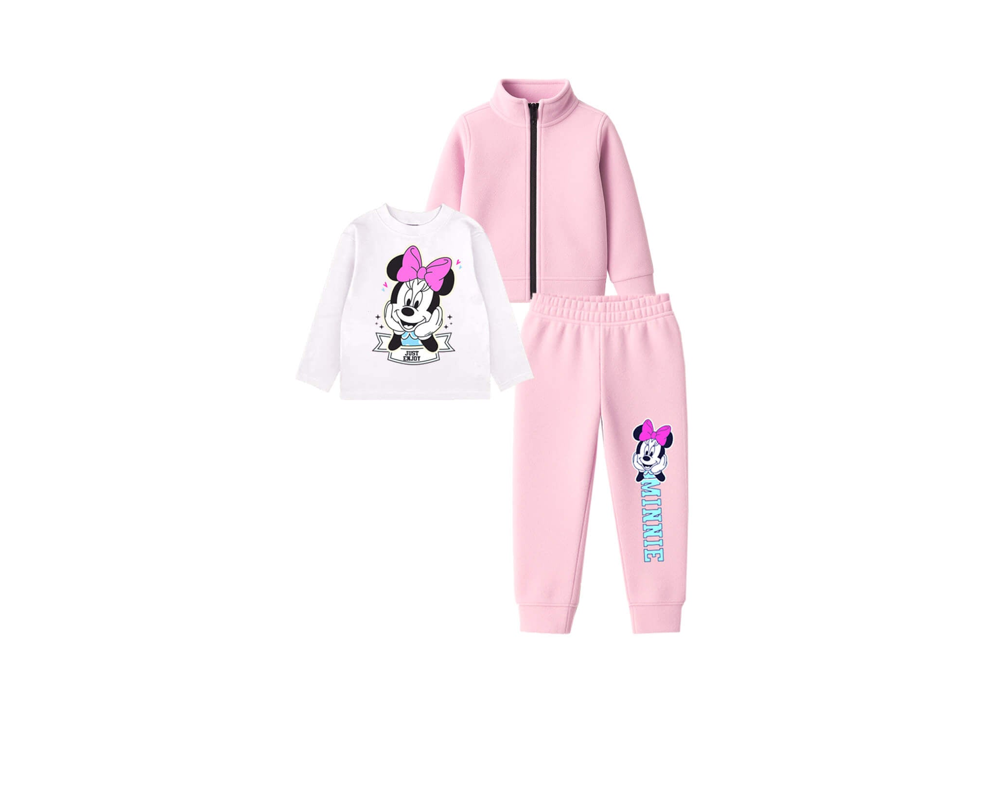 Minnie Just Enjoy Fleece Mock Neck Zipper 3pcs Tracksuit -Baby Pink