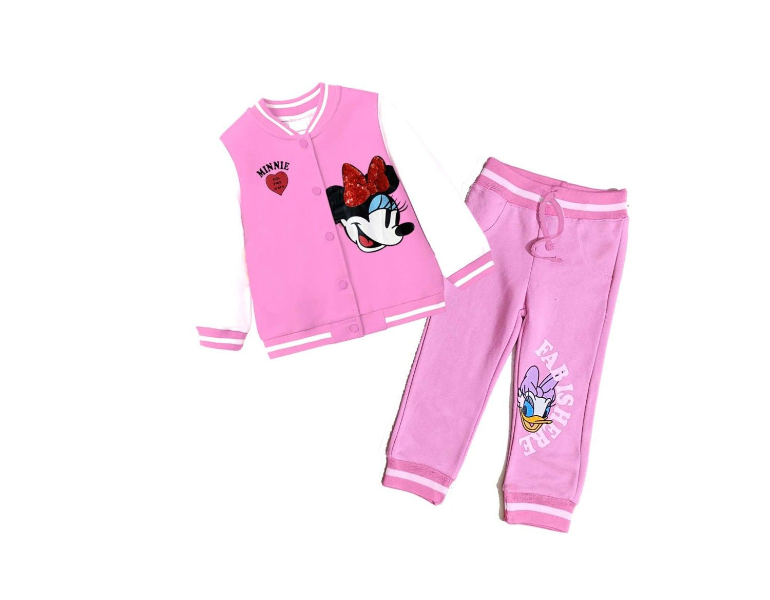 Minnie Sequin Bow Fleece Baseball Jacket & Trouser - Baby Pink