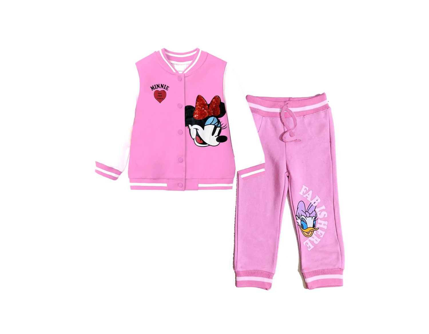 Minnie Sequin Bow Fleece Baseball Jacket & Trouser - Baby Pink