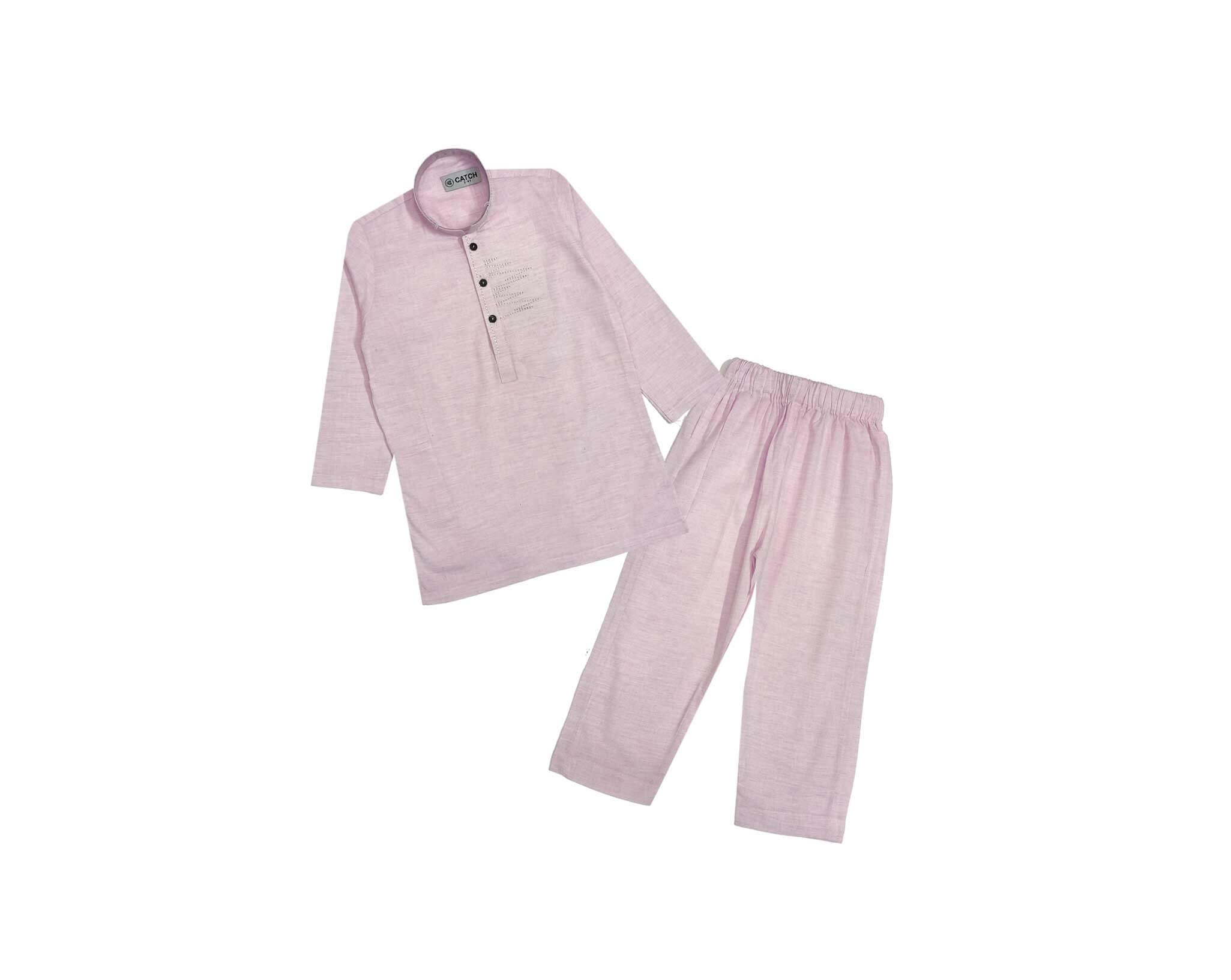 Modern Classic Textured Kurta &amp; Trouser Set – Baby Pink