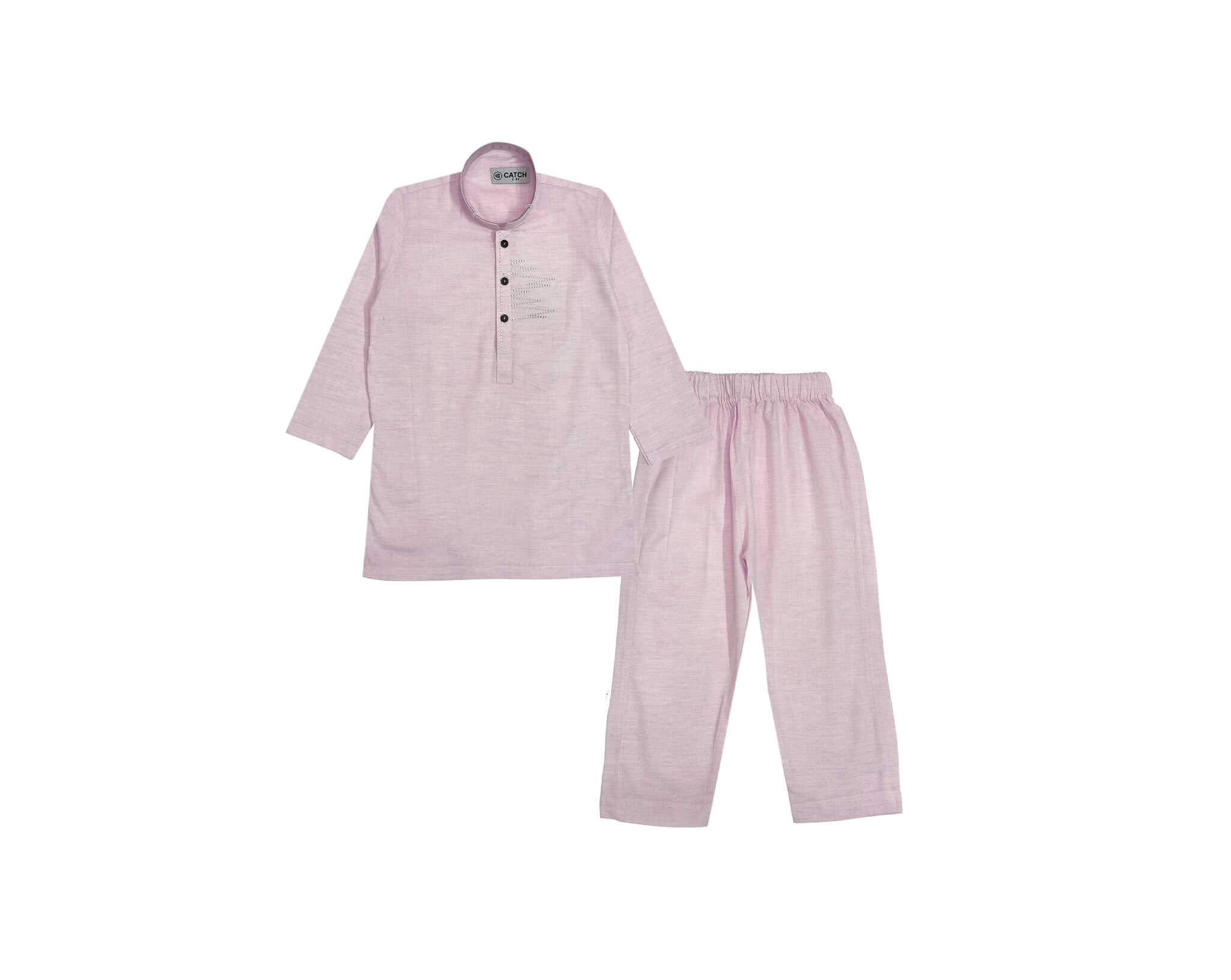 Modern Classic Textured Kurta &amp; Trouser Set – Baby Pink