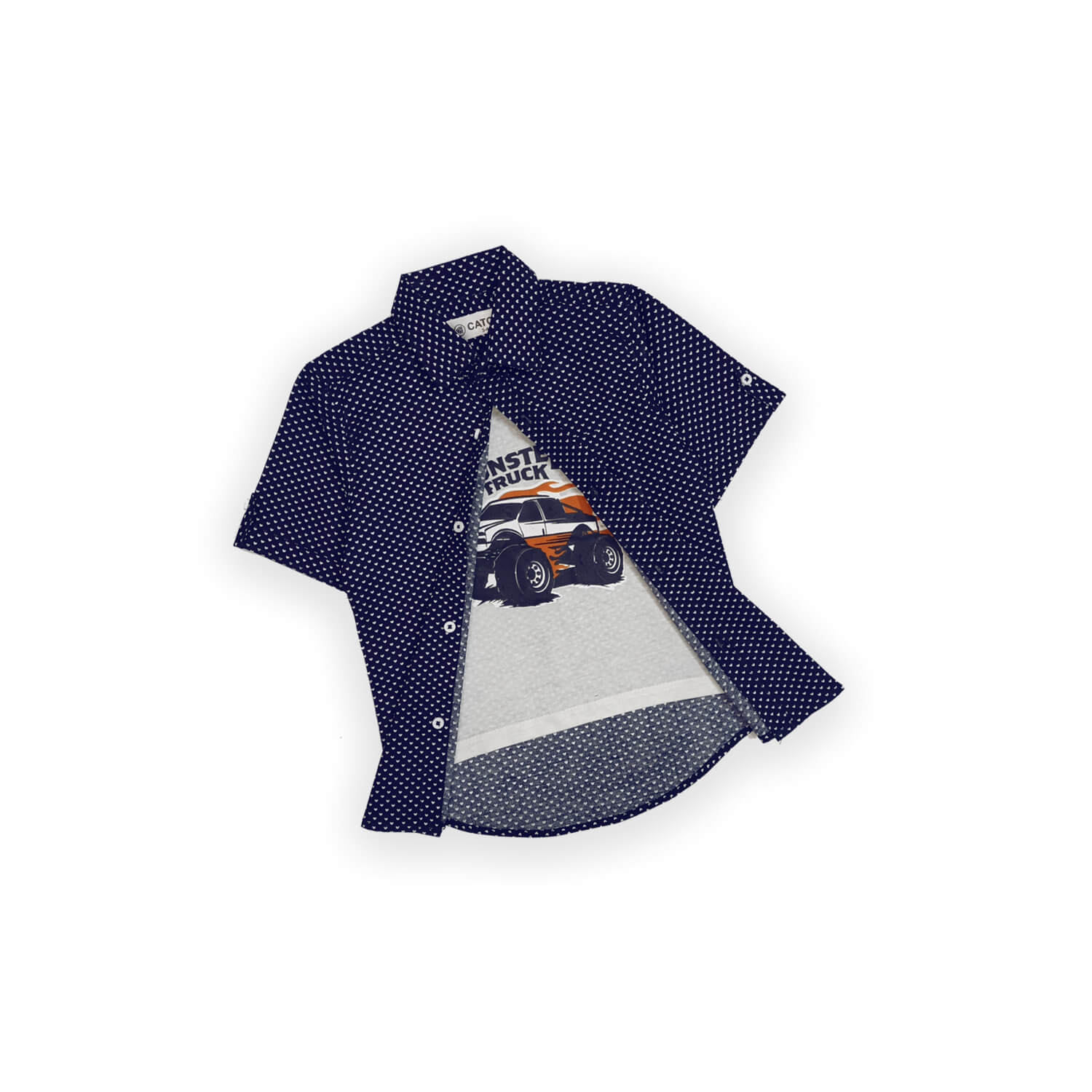 Mosnter Truck Polka Dot Double Casual Shirt - Navy Blue