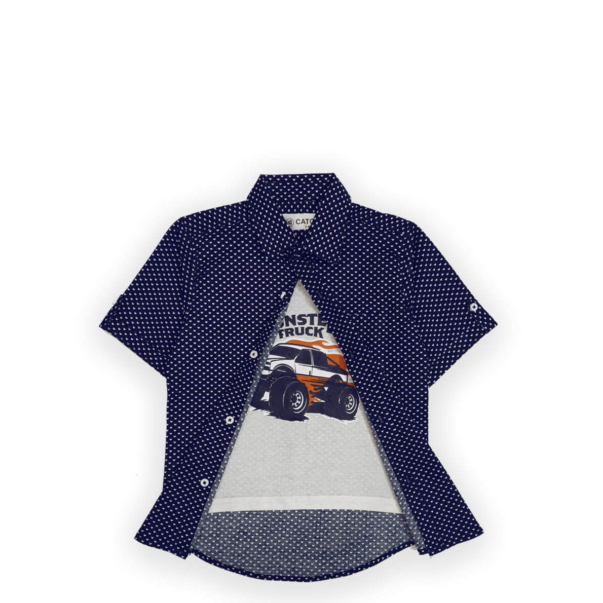 Mosnter Truck Polka Dot Double Casual Shirt - Navy Blue
