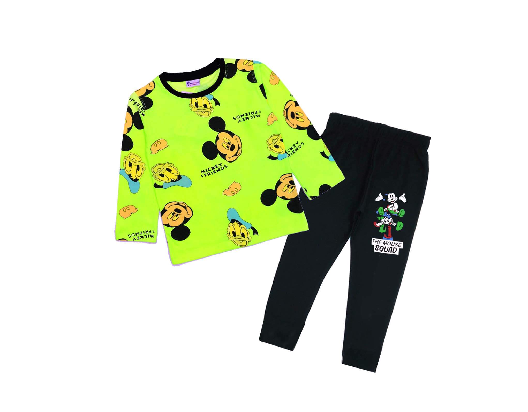 Mickey Squad Full Sleeves Tee &amp; Trouser - Neon Green &amp; Black