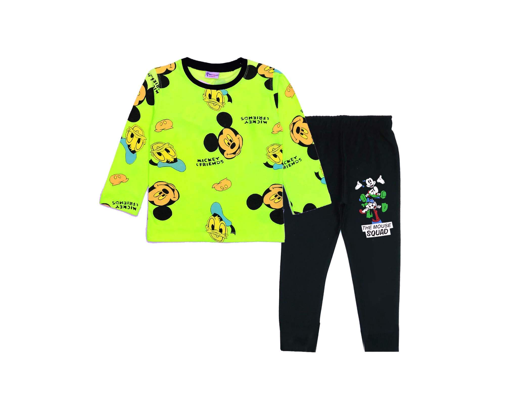 Mickey Squad Full Sleeves Tee &amp; Trouser - Neon Green &amp; Black