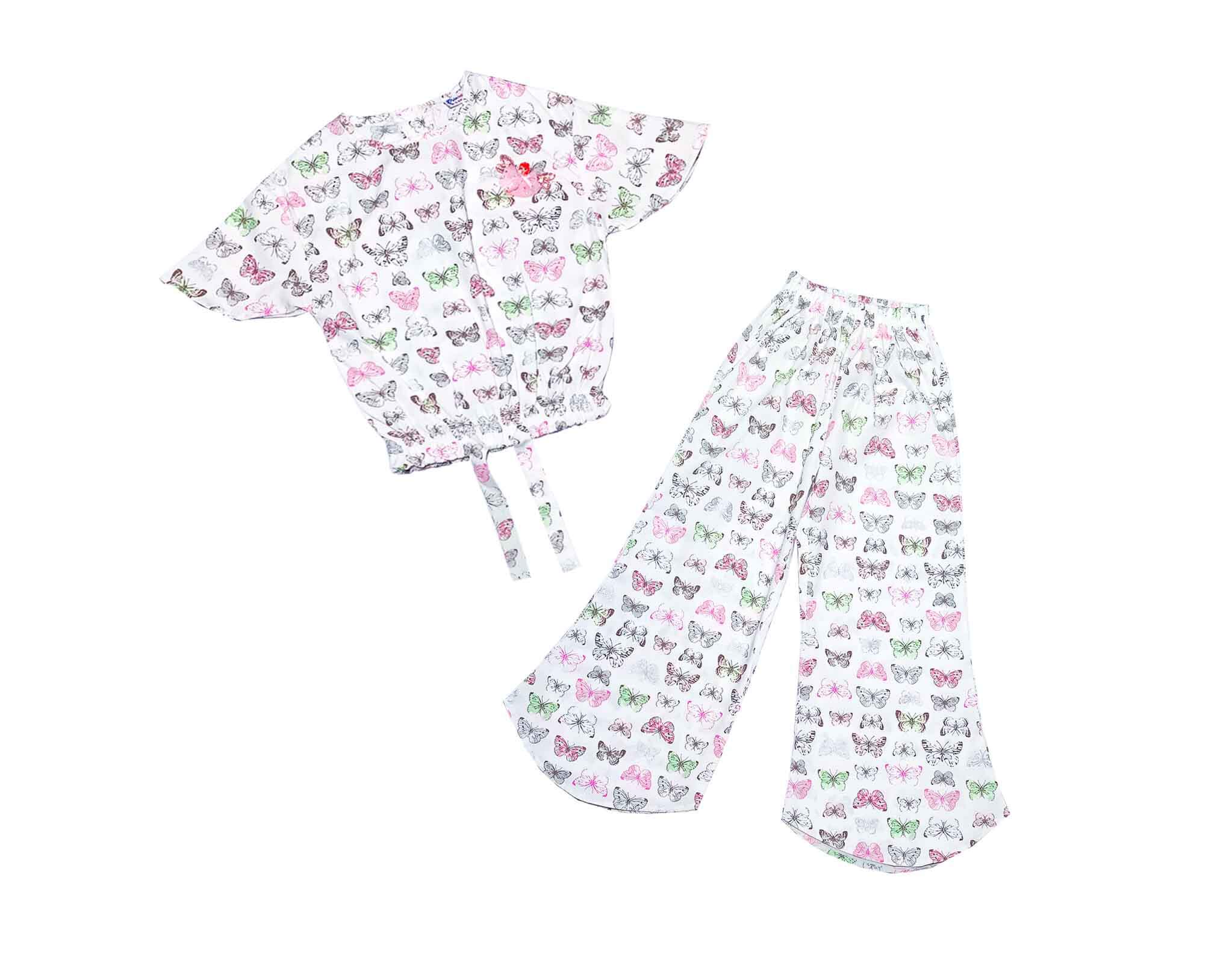 Multi Butterflies Cotton Short Top with Bell Bottom Trouser - White
