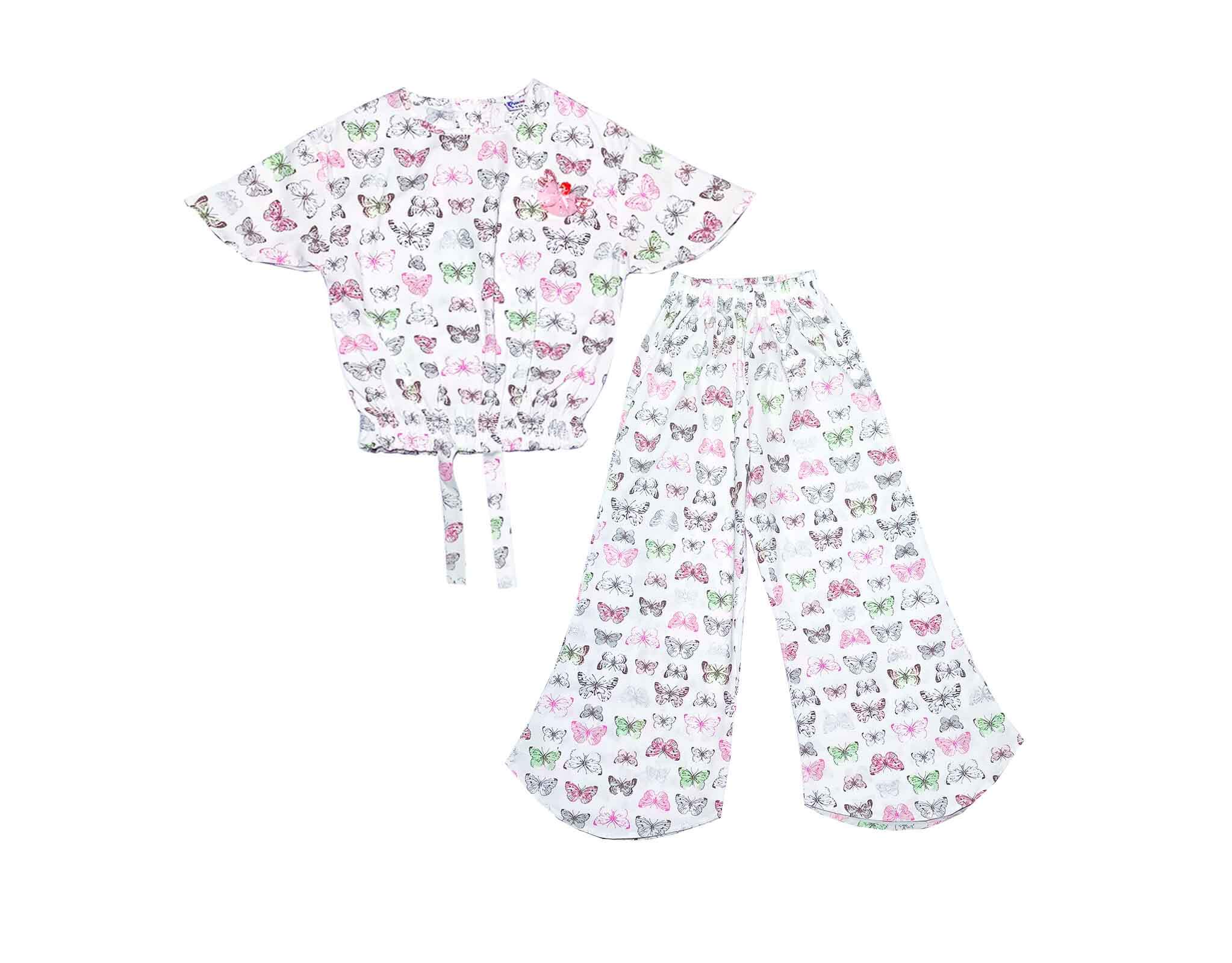 Multi Butterflies Cotton Short Top with Bell Bottom Trouser - White