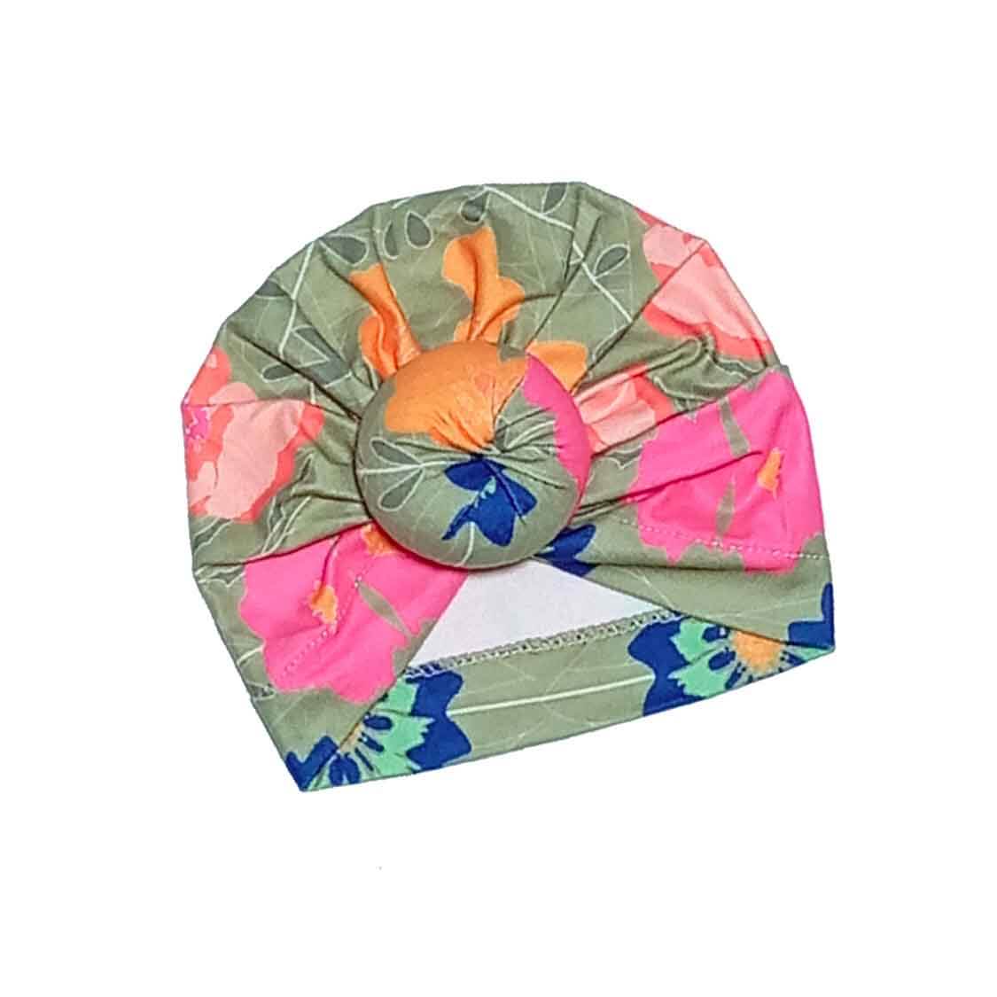 Multi Colours Flowers Cotton Turban Cap - Pista Green