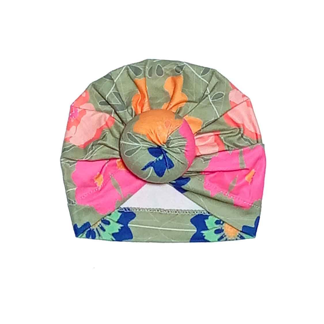 Multi Colours Flowers Cotton Turban Cap - Pista Green