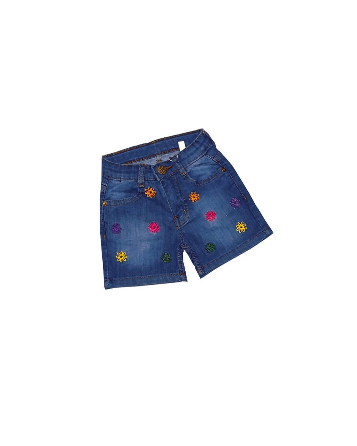 Multi Colours Flowers Denim Shorts - Mid Blue