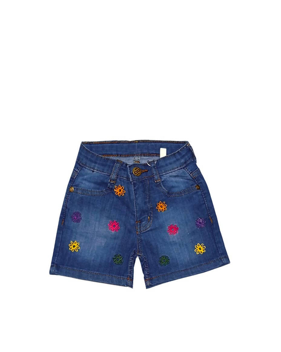 Multi Colours Flowers Denim Shorts - Mid Blue