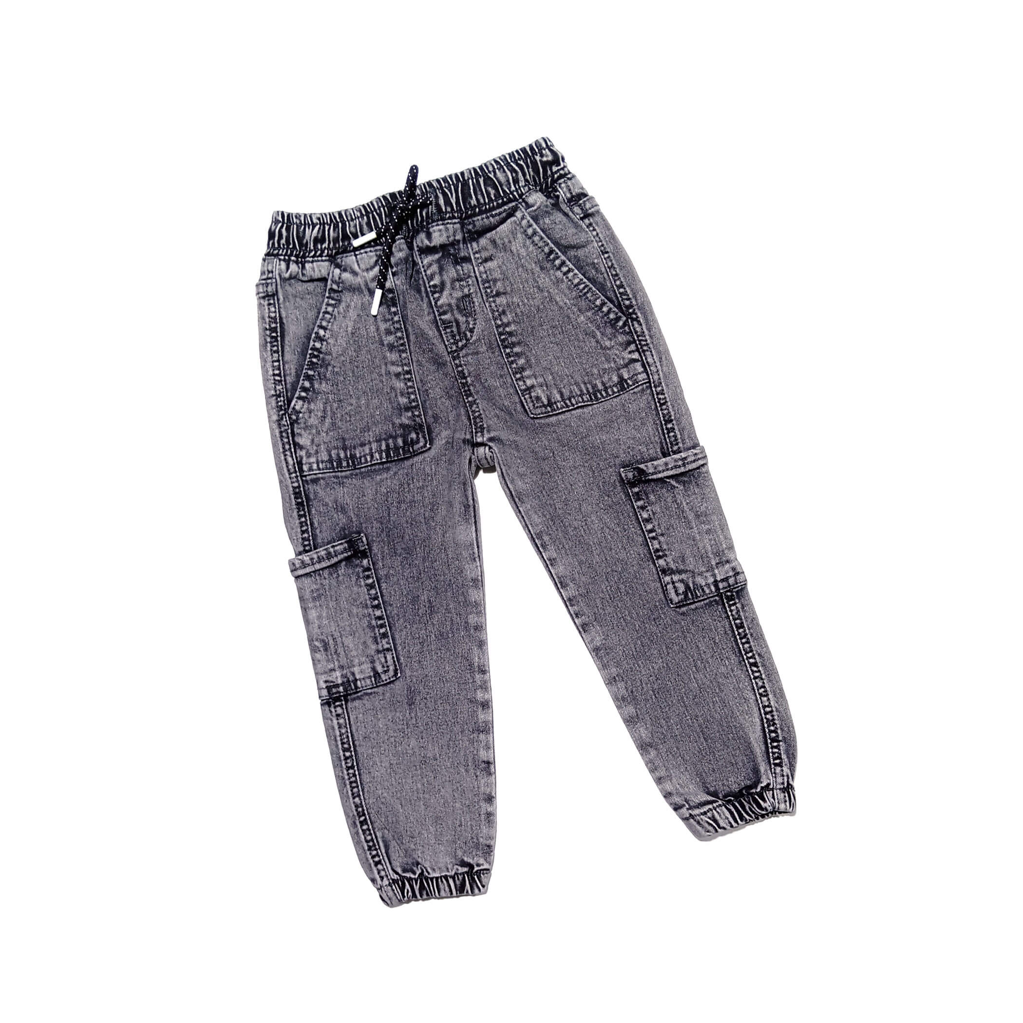 Multi-Pocket  Comfort Full Elastic Waist Acid Wash Cargo Pants - Light Grey