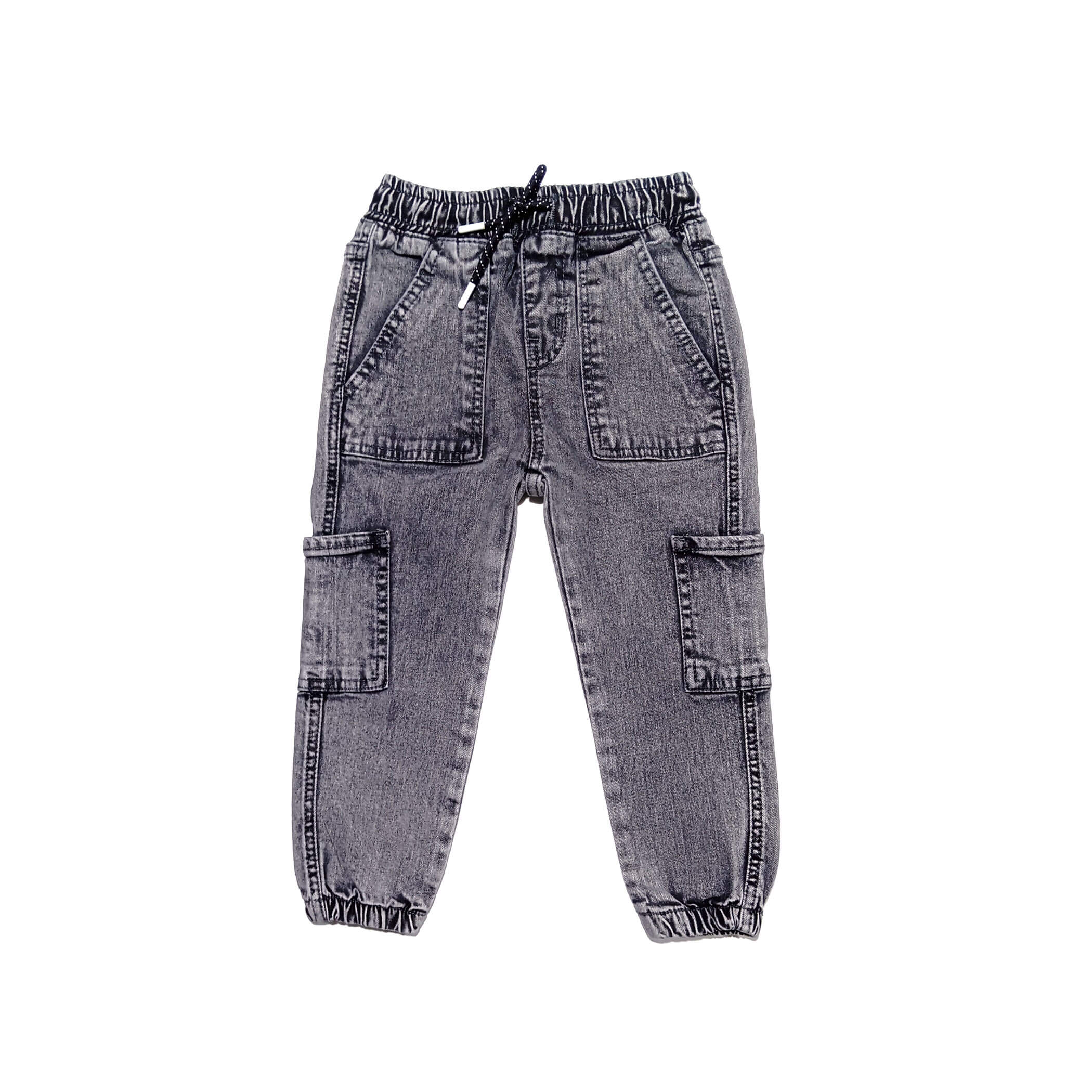 Multi-Pocket  Comfort Full Elastic Waist Acid Wash Cargo Pants - Light Grey
