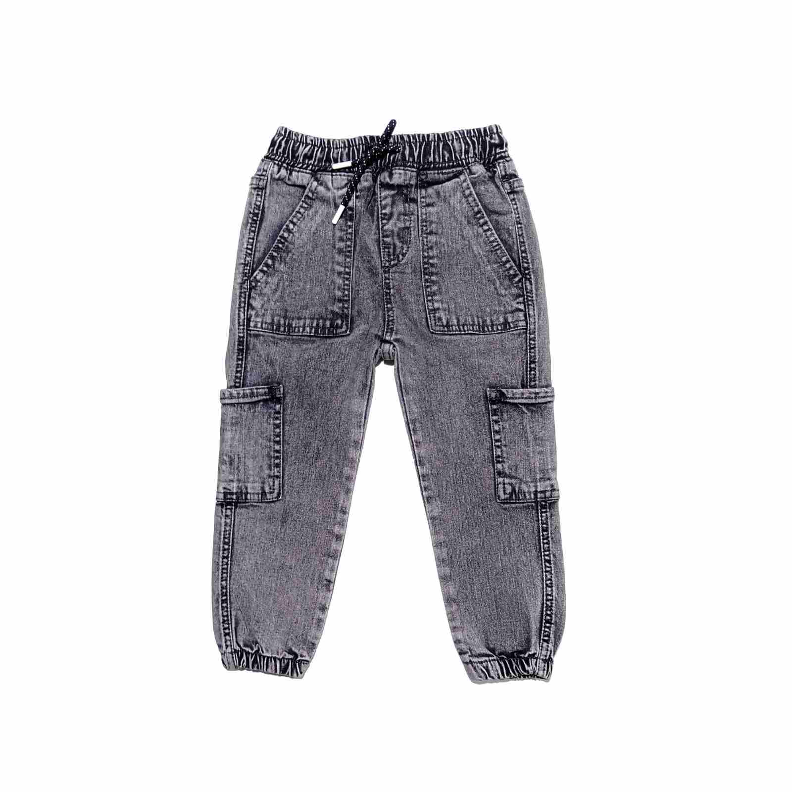 Multi-Pocket  Comfort Full Elastic Waist Acid Wash Cargo Pants - Light Grey