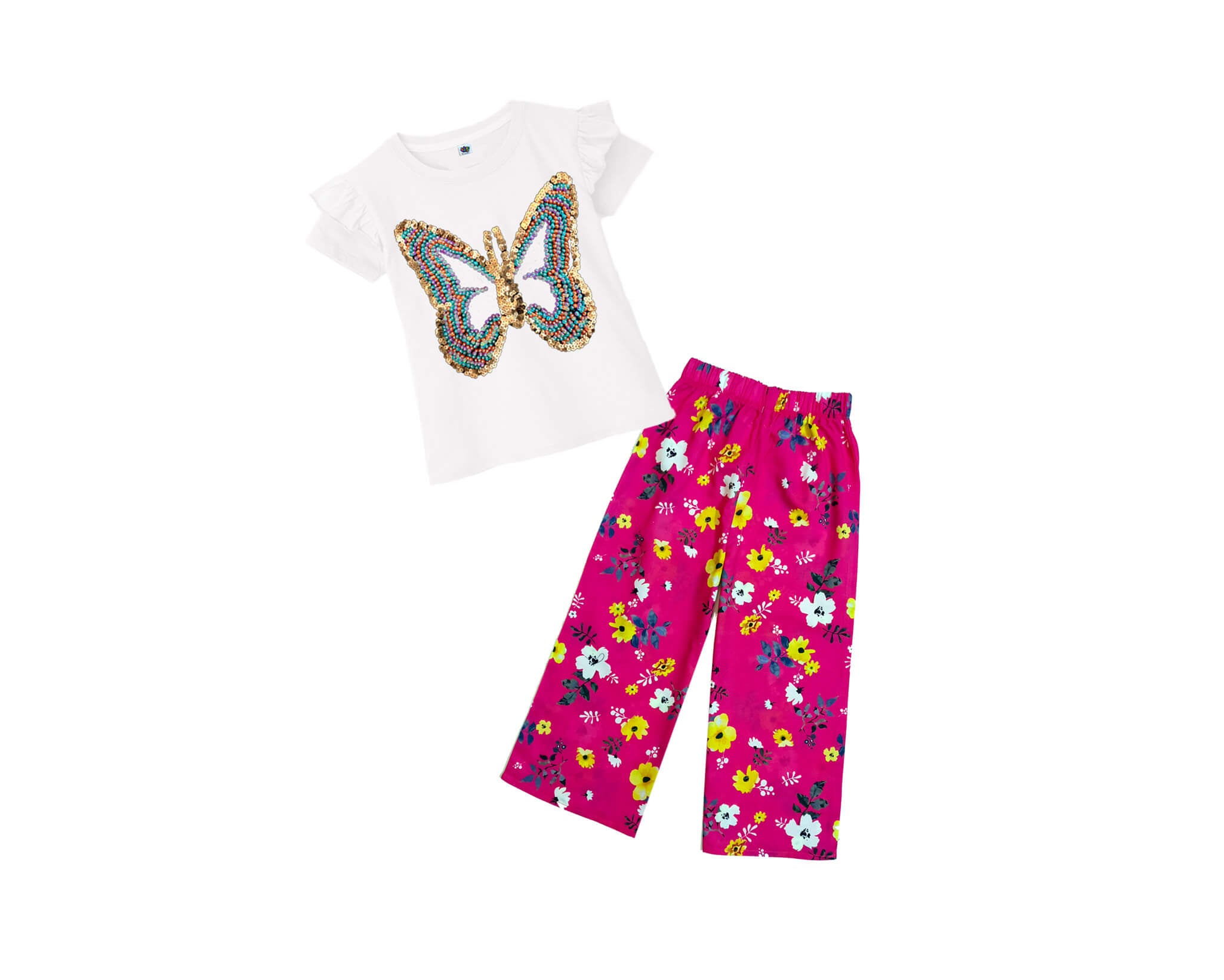 Multi Sequence pearls Butterfly Tee Shirt &amp; Plazzo-white &amp; pink