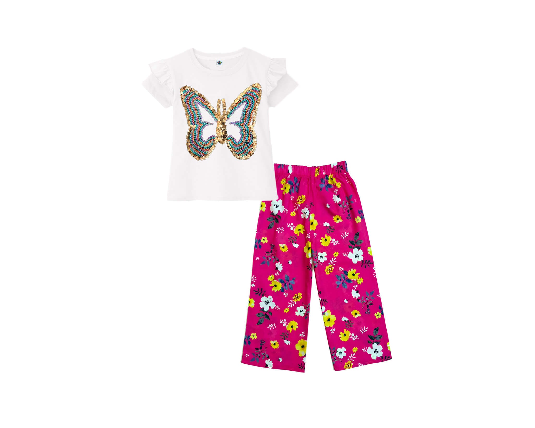 Multi Sequence pearls Butterfly Tee Shirt &amp; Plazzo-white &amp; pink