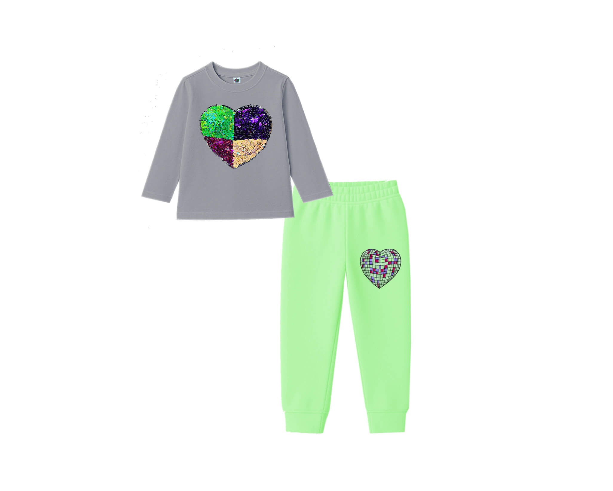 Multi Sequin Heart Full Sleeves Tee & Trouser ‚Äì Gray & Pistachio Green