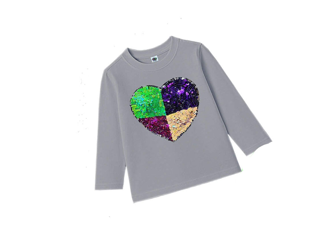 Multi Sequin Heart Full Sleeves Tee Shirt – Gray