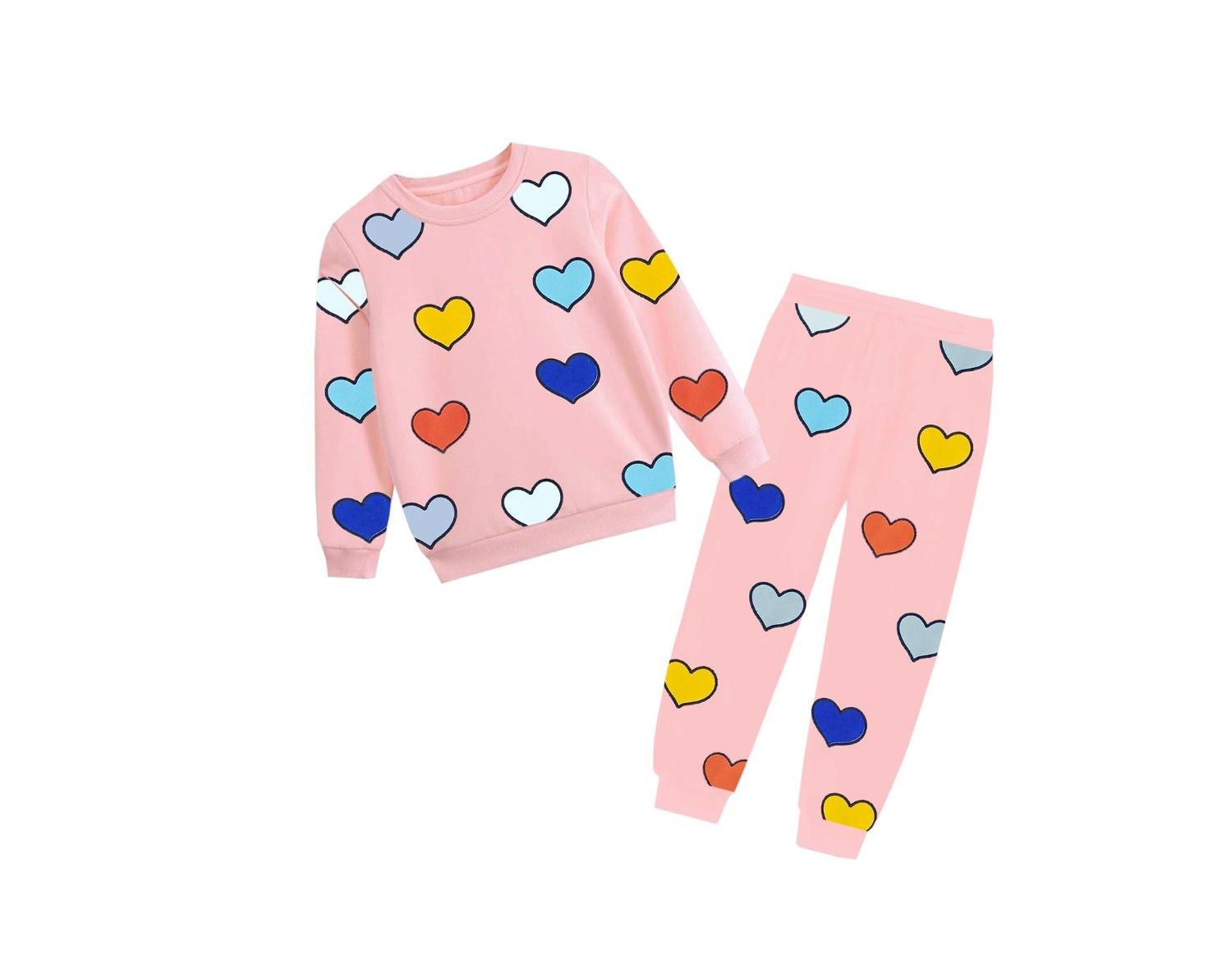 Multi Colorful Hearts Fleece Tracksuits - Peach