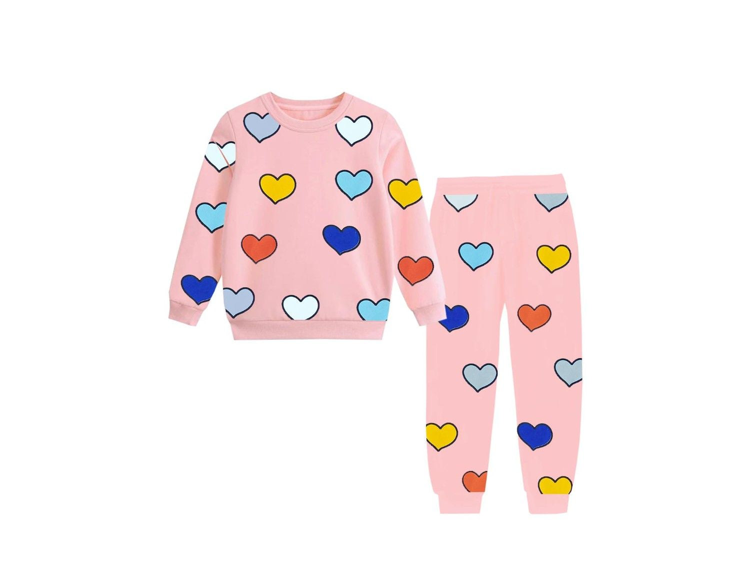 Multi Colorful Hearts Fleece Tracksuits - Peach