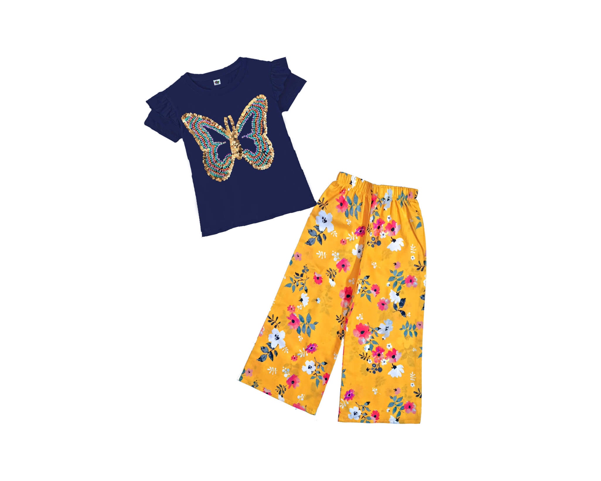 Multi Pearls &amp; Sequin Butterfly Tee Shirt &amp; Plazzo – Navy Blue &amp; Mustered-1