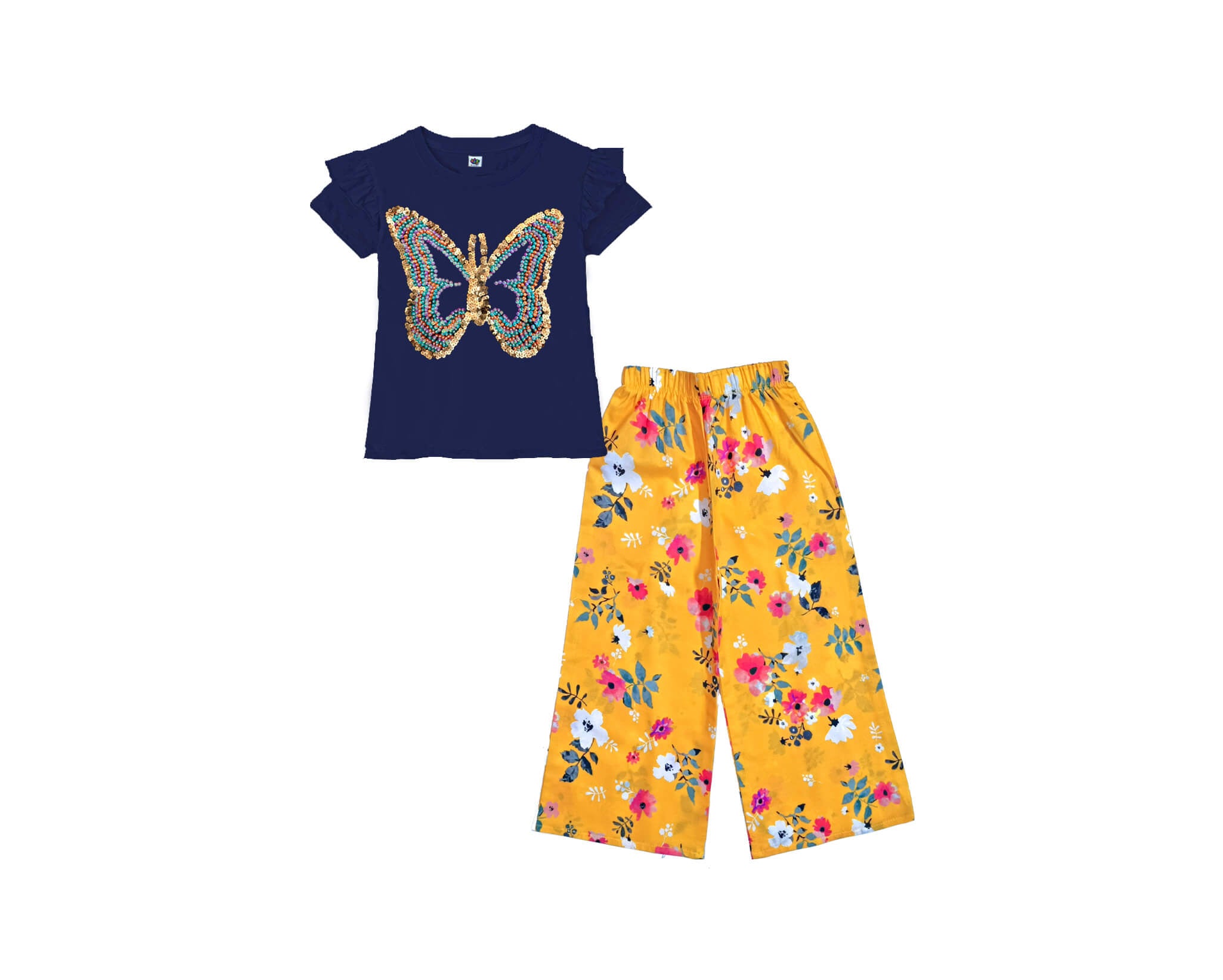 Multi Pearls &amp; Sequin Butterfly Tee Shirt &amp; Plazzo – Navy Blue &amp; Mustered