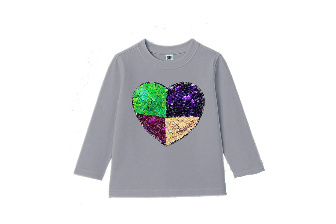 Multi Sequin Heart Full Sleeves Tee Shirt – Gray-1