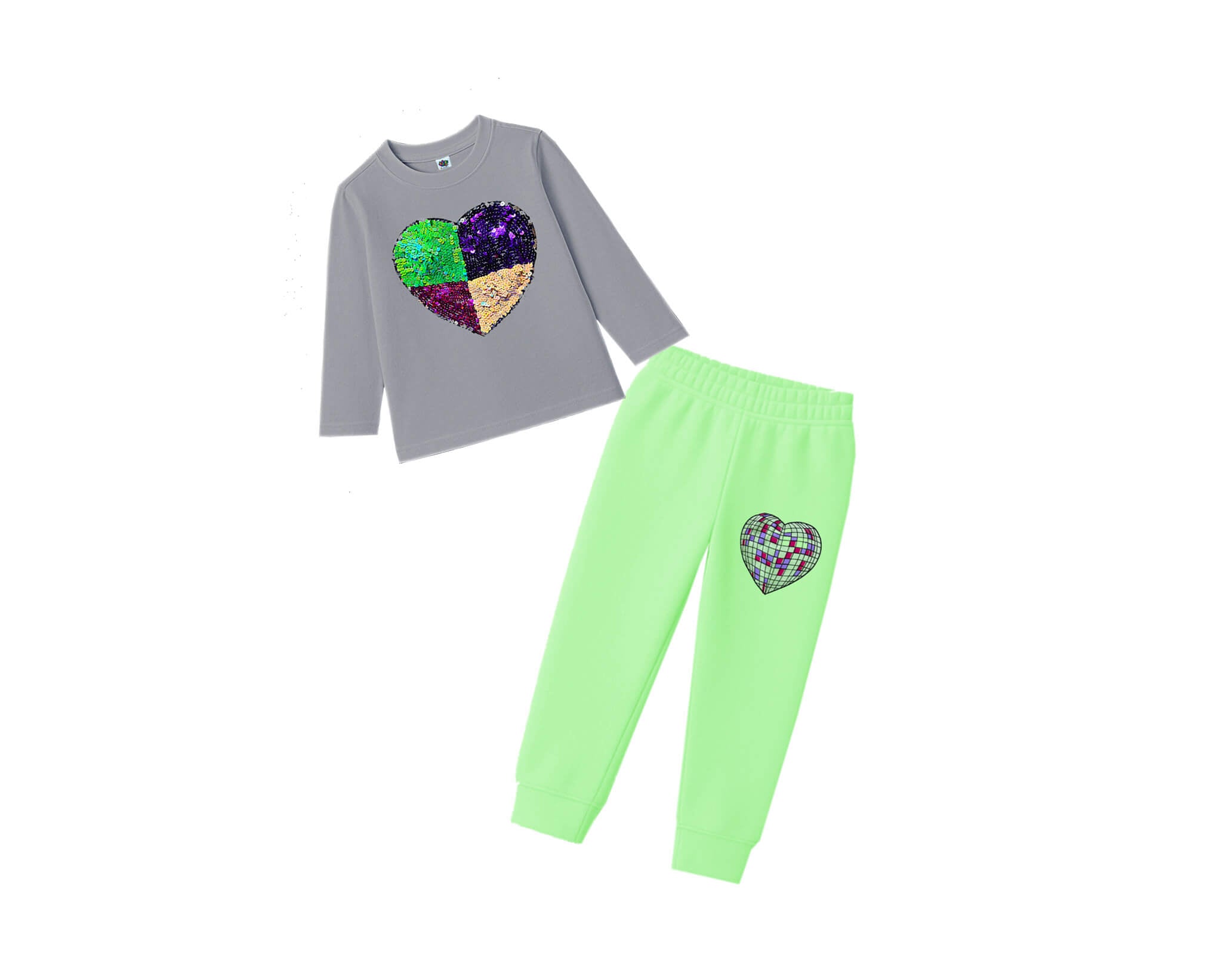 Multi Sequin Heart Full Sleeves Tee & Trouser – Gray & Pistachio Green