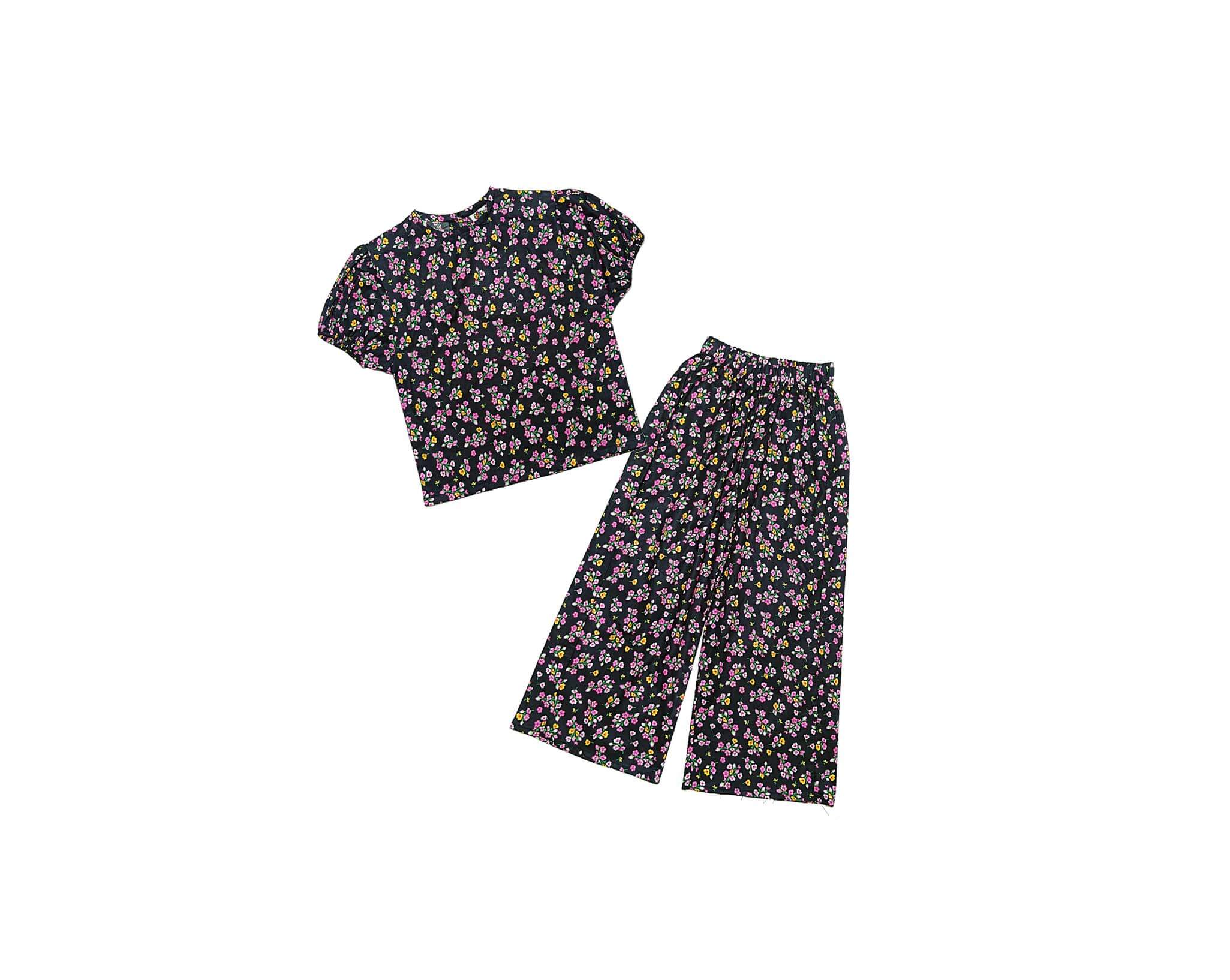 Multicolor Floral Short Puff Sleeves Cotton Fabric Top & Flare Trouser -Black