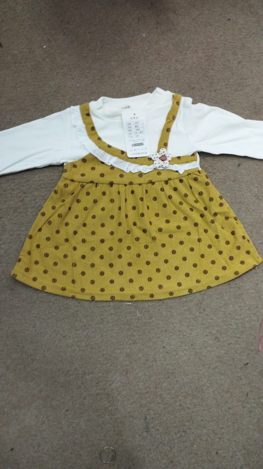Mustard Polka Dot & Ruffle Trimmed Corduroy Frock - Off White & Mustered