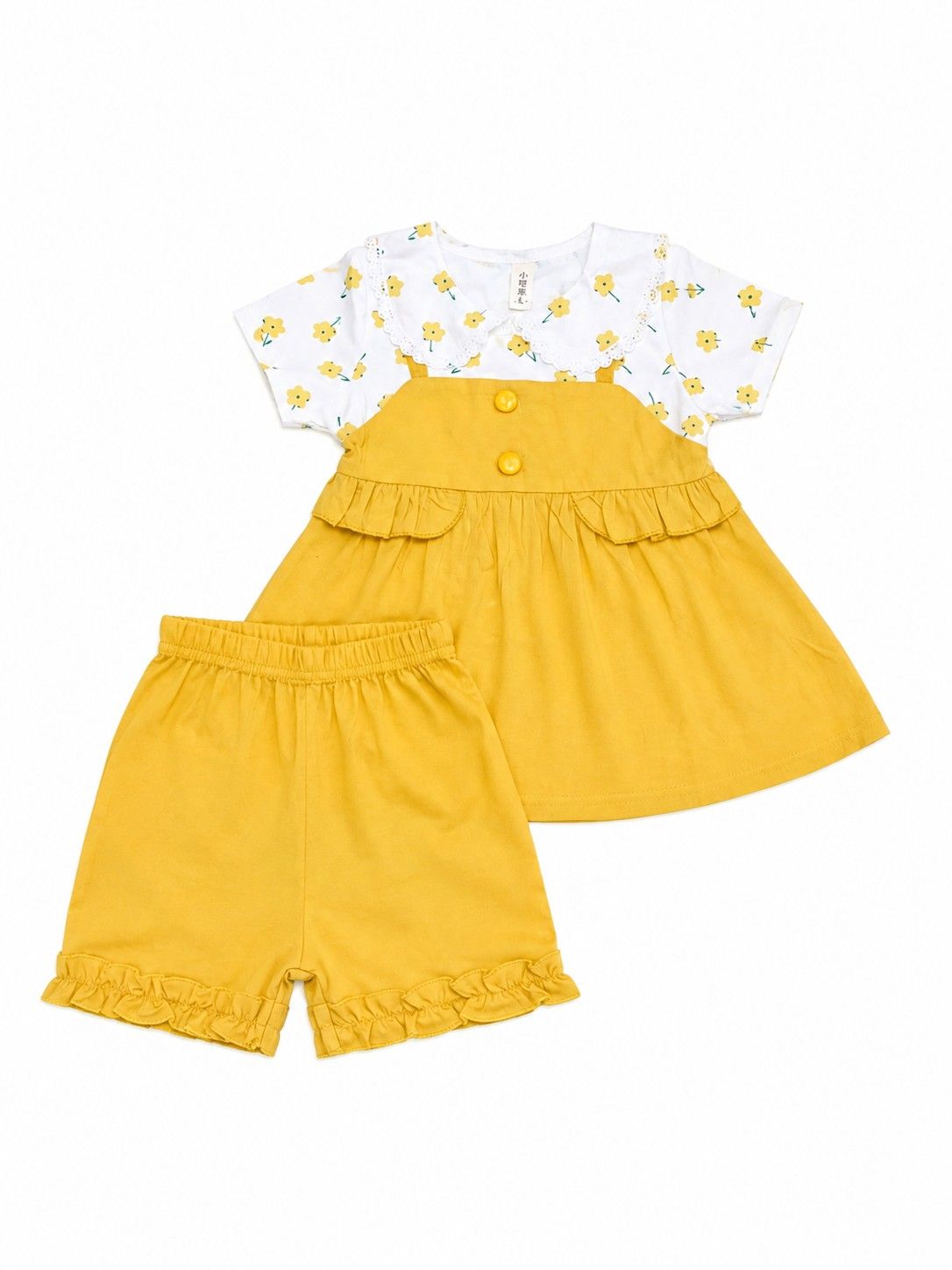 Mustard Floral Cotton Frock & Short - Mustard & white