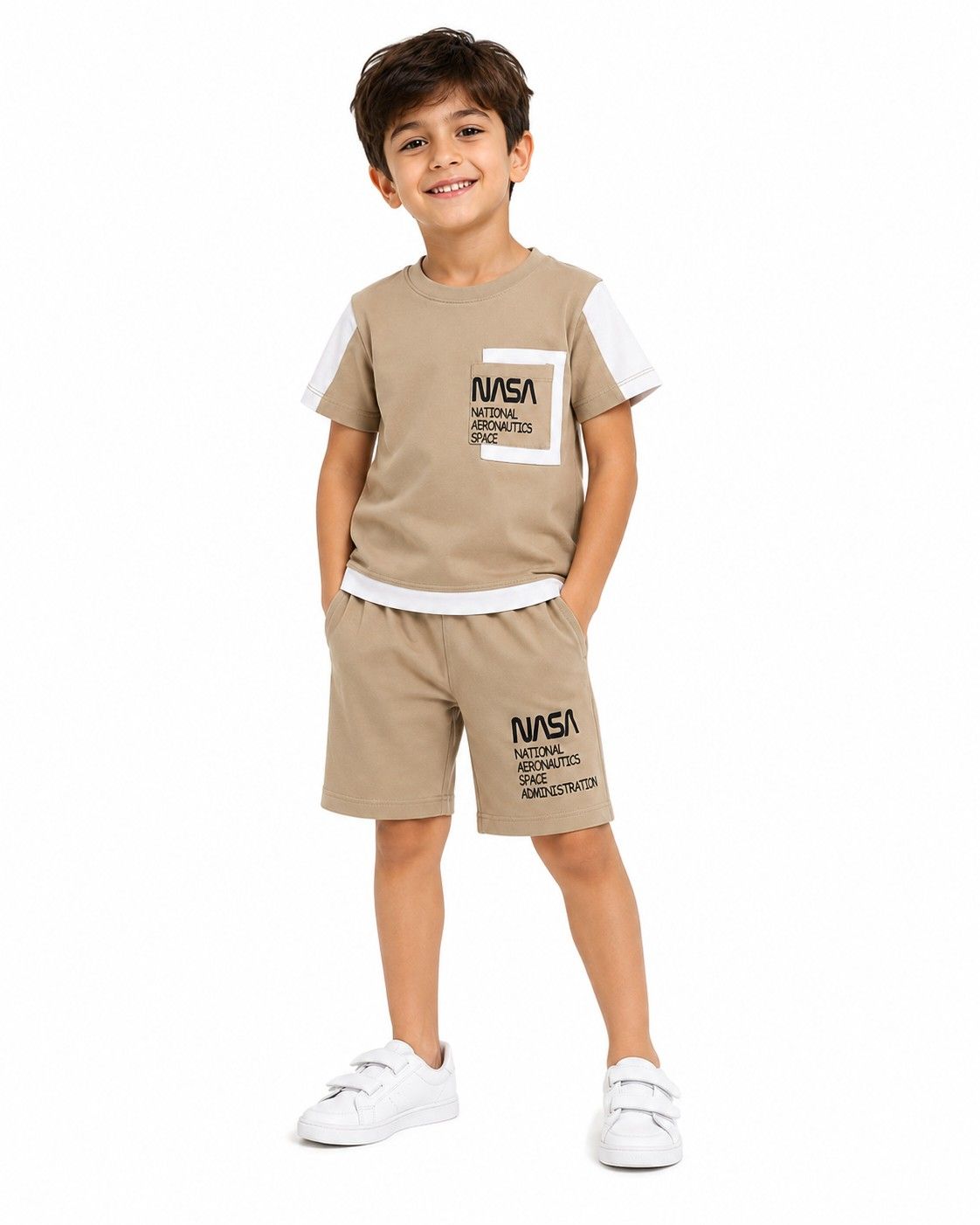 NASA Classy White Penal Tee & Short - Light Brown