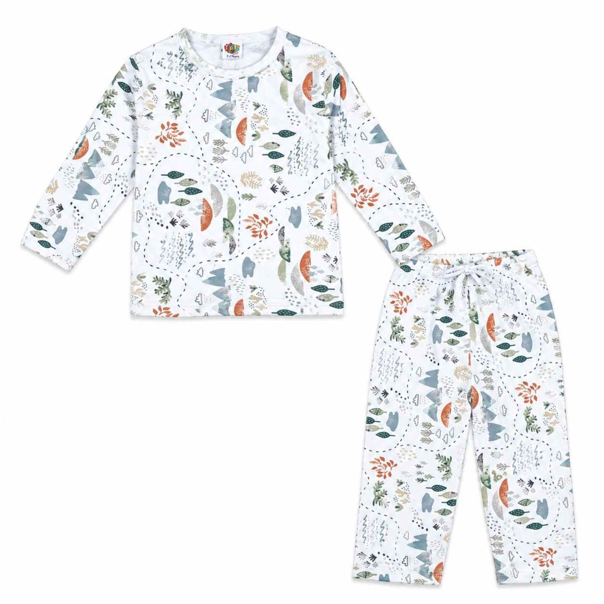 Nature Print Cotton Night Suit - White 