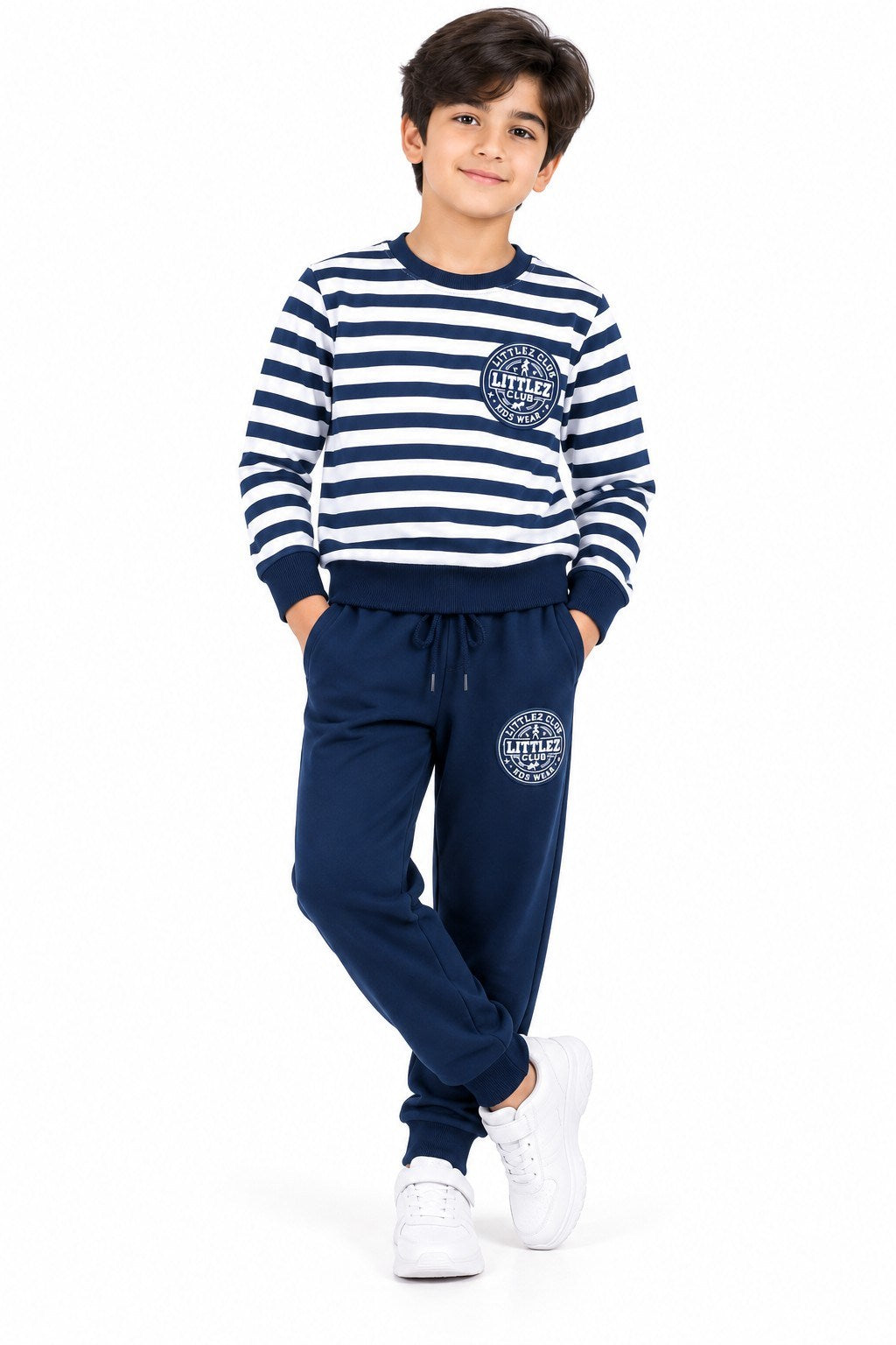 Little Club Logo Navy Striped Fleece Tracksuit - Navy Blue