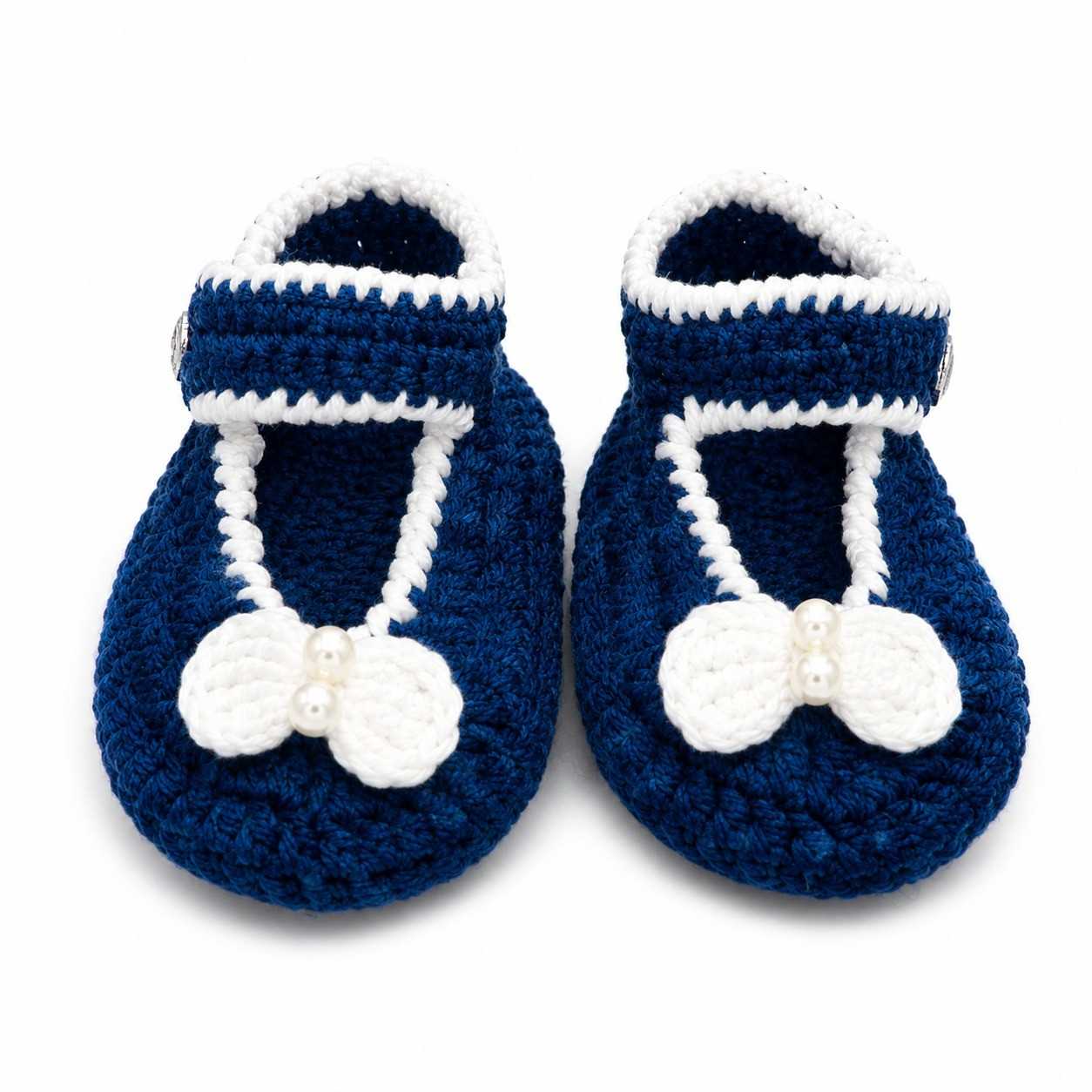 Navy Blue Knitted Infant Booties with White Trim