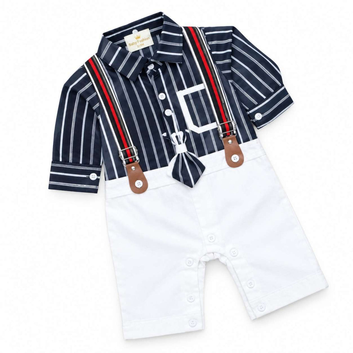 Navy Striped Baby Boy Suspender - Navy Blue & Off White