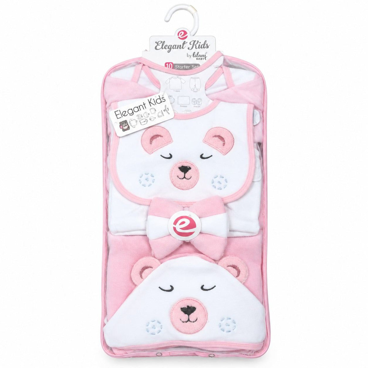 Newborn Girls Pink Bear Bib, Cap & Romper Set