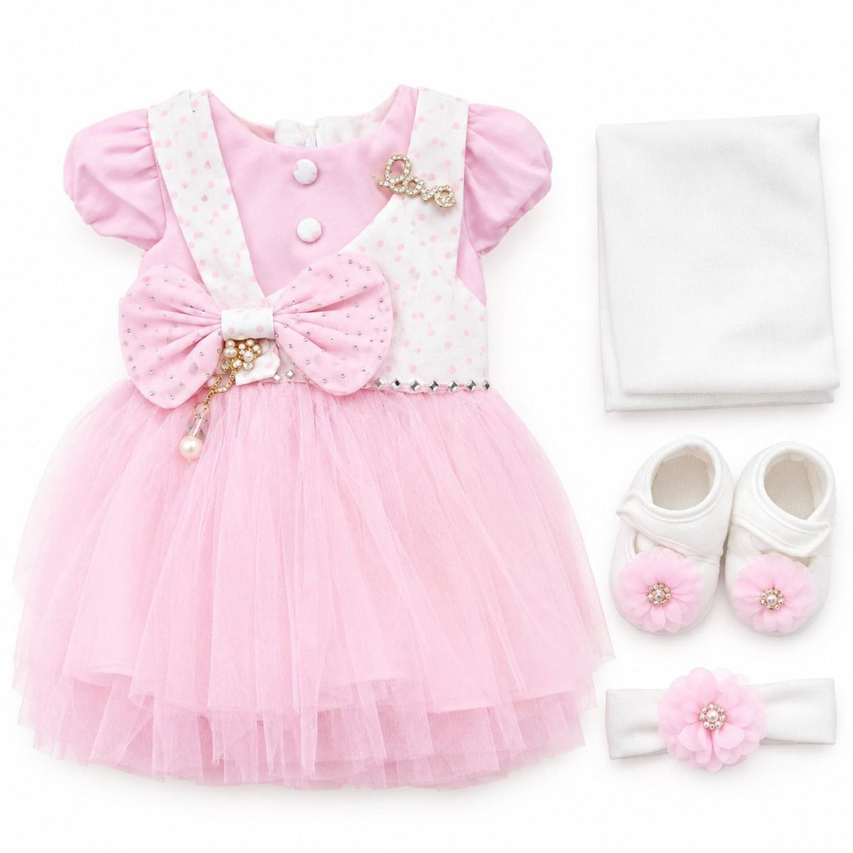 Newborn Love With Bow Tulle Frock Set - Pink